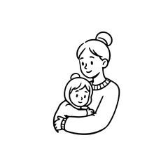 Black and White Vector Illustration of a Beautiful Mother Caring for Child in Minimalist Line Art Style