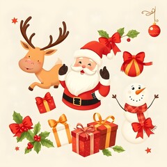 Naklejka premium A cute cartoon vector illustration of a Christmas icons set with a snowman, Santa Claus, gift, and a winter tree