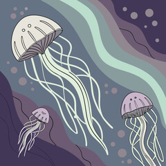 Naklejka premium Three stylized jellyfish drift gracefully through abstract wavy ocean currents in shades of purple and blue with delicate tentacles trailing