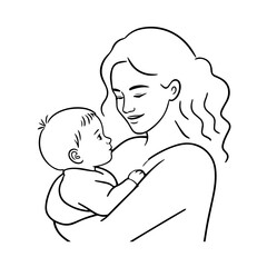 Black and White Vector Illustration of a Beautiful Mother Caring for Child in Minimalist Line Art Style