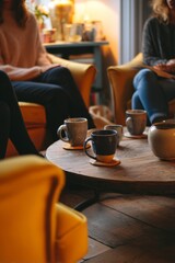 A group of people sitting in armchairs around a low table. Their mugs rest on coasters nearby