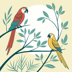 Two colorful macaws one red and blue the other yellow and blue perched on branches with green leaves and a pale yellow background