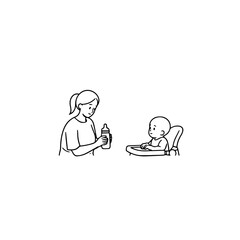 Black and White Vector Illustration of a Beautiful Mother Caring for Child in Minimalist Line Art Style