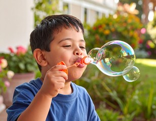 Child blowing bubbles outdoors
