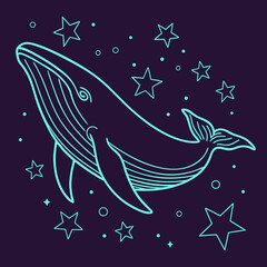 Whimsical blue line art whale swimming among glowing stars and dots against a dark purple background evoking a sense of wonder and the cosmos
