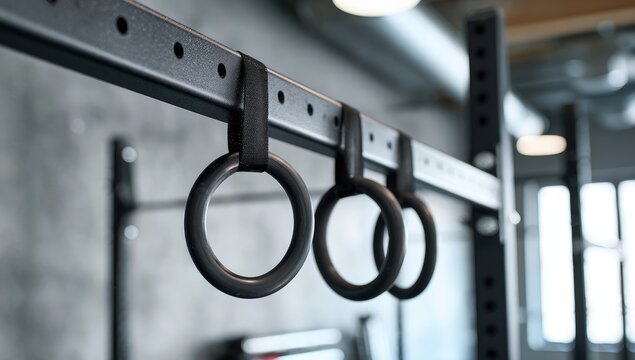 Close-up of two black gymnastic rings hanging from a metal rack in a modern, industrial-style fitness space. The background is blurred, showing exposed pipes and concrete walls