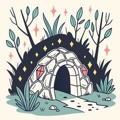 Whimsical stone archway entrance to a magical hidden cave surrounded by sparkling stars and stylized foliage