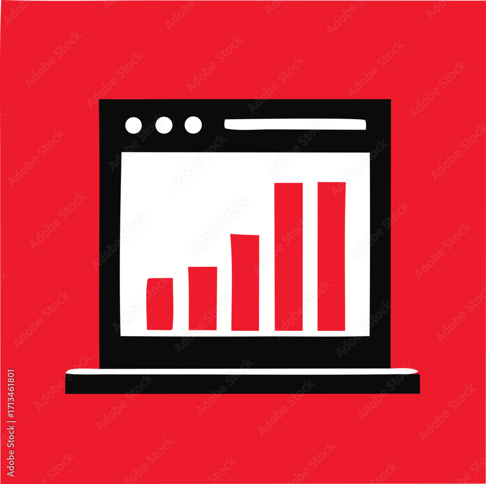 Poster laptop displaying rising bar chart on a vibrant red background symbolizing business growth success a