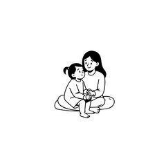 Black and White Vector Illustration of a Beautiful Mother Caring for Child in Minimalist Line Art Style