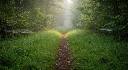 Fototapeta premium A misty forest path flanked by green grass spiderwebs visible on either side leading into the fog