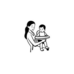 Black and White Vector Illustration of a Beautiful Mother Caring for Child in Minimalist Line Art Style