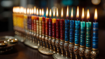 Illuminated hanukkah menorah with colorful candles