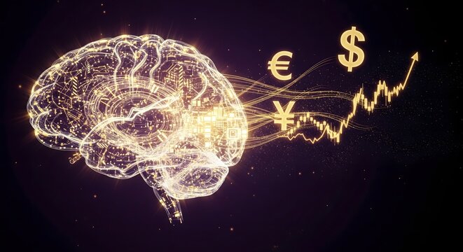 Financial intelligence concept with brain and currency symbols.