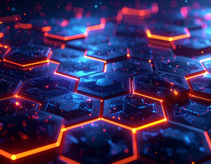 Abstract glowing hexagons connected with neon lines, blockchain and AI data visualization, 8k detail, seamless, no text