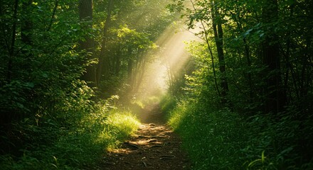 Obraz premium A sunlit path cuts through a lush green forest with beams of light filtering through the canopy