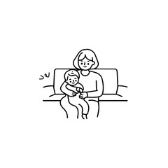Black and White Vector Illustration of a Beautiful Mother Caring for Child in Minimalist Line Art Style