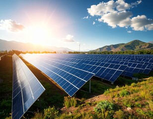 Solar panel farm stretches across a field under a bright, sunny sky with scattered clouds, mountains visible in the background, and a wind turbine in the distance.
