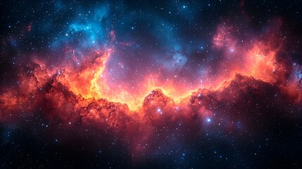Fototapeta premium Vibrant nebula with red and blue cosmic clouds, stars, and dust.