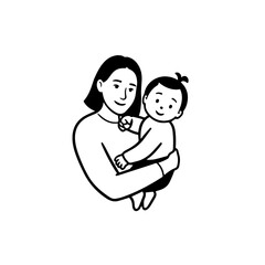 Black and White Vector Illustration of a Beautiful Mother Caring for Child in Minimalist Line Art Style