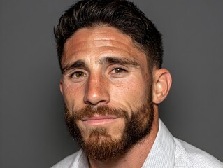 A handsome man with brown hair and a trimmed beard looks directly at the camera with a friendly expression.