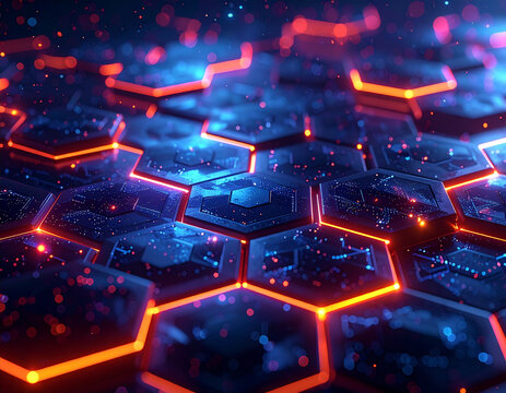 Abstract glowing hexagons connected with neon lines, blockchain and AI data visualization, 8k detail, seamless, no text