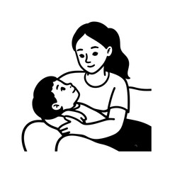 Black and White Vector Illustration of a Beautiful Mother Caring for Child in Minimalist Line Art Style