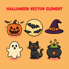 Cartoon Halloween Vector Elements – Pumpkin, Ghost, Cat, Bat, Witch Hat, and Cauldron