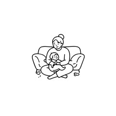 Black and White Vector Illustration of a Beautiful Mother Caring for Child in Minimalist Line Art Style