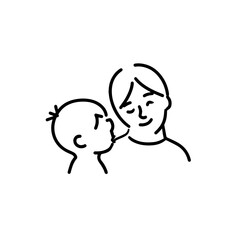 Black and White Vector Illustration of a Beautiful Mother Caring for Child in Minimalist Line Art Style