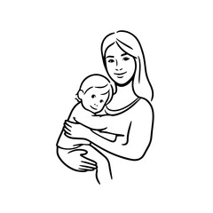 Black and White Vector Illustration of a Beautiful Mother Caring for Child in Minimalist Line Art Style