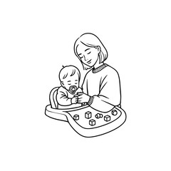 Black and White Vector Illustration of a Beautiful Mother Caring for Child in Minimalist Line Art Style