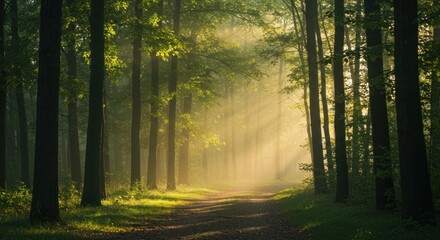 Fototapeta premium Forest path bathed in sunlight Trees line path as mist and light create serene ethereal scene