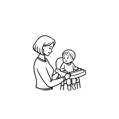 Black and White Vector Illustration of a Beautiful Mother Caring for Child in Minimalist Line Art Style