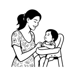 Black and White Vector Illustration of a Beautiful Mother Caring for Child in Minimalist Line Art Style