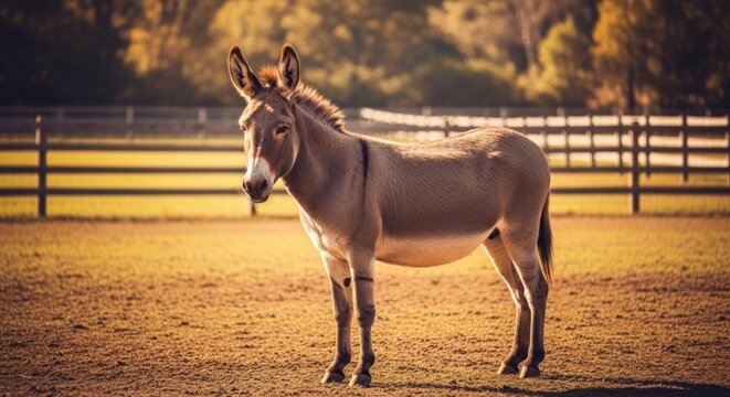 Peaceful Donkey Standing Gracefully in a Sunlit Rural Pasture