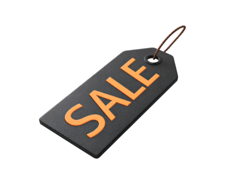 Black sale tag with orange letters on transparent background, PNG
