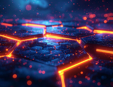 Abstract glowing hexagons connected with neon lines, blockchain and AI data visualization, 8k detail, seamless, no text
