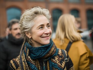 Happy mature woman with gray hair smiles outdoors wea patterned scarf du an autumn afternoon walk.