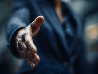 An outstretched hand offers a handshake in anticipation of a new business deal or partnership today now.