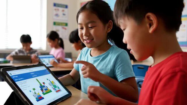 Group kids collaborating science experiment laptops cinematic handheld STEM education stock video. youthful team inventive project portable pc movie style portable stem