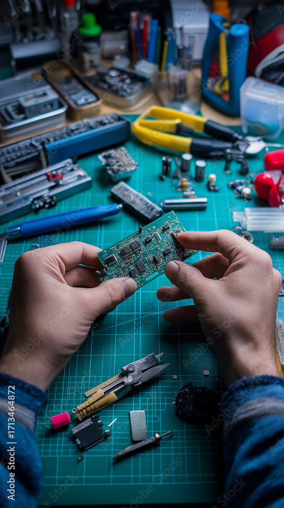 Aufkleber hands holding circuit board above workbench with tools and electronics.