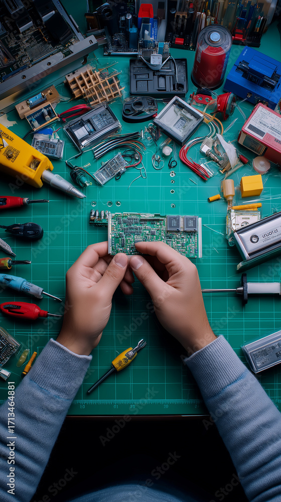 Aufkleber hands holding circuit board above workbench with tools and electronics.