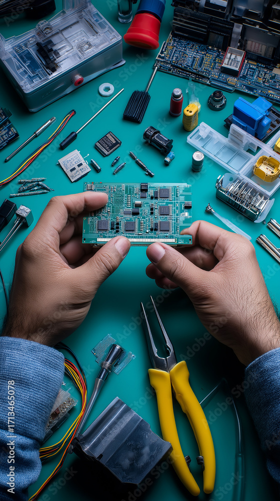 Aufkleber hands holding circuit board above workbench with tools and electronics.