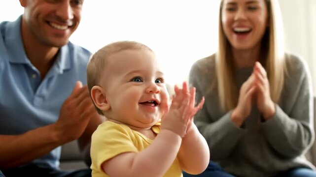 Parents cheering baby claps hands first time cinematic milestone parenting lifestyle stock footage. guardians applaud infant palm touch debut filmic event nurturing existence