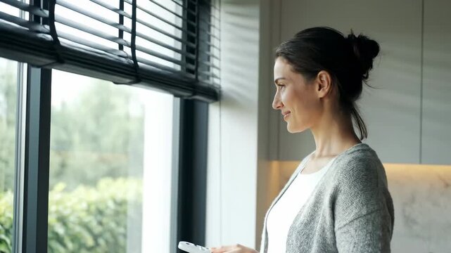 Person adjusting window blinds remote smart controller cinematic handheld modern home lifestyle stock video. individual setting shade automation device filmic portable contemporary