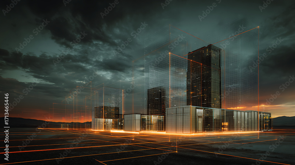 Poster glowing lines connect the buildings to cloud servers and remote monitoring stations in a digitally-e