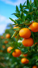 Orange trees full of ripe fruits in plantation orchard. 
