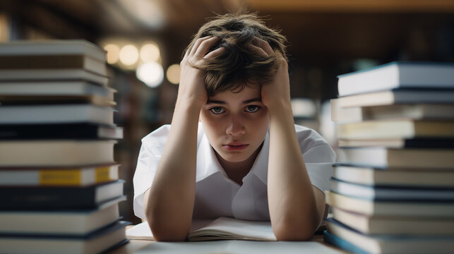Sad boy sitting at desk with open books holding head in frustration. 
 - Powered by Adobe