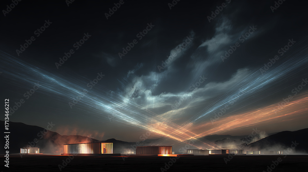 Aufkleber glowing lines connect the buildings to cloud servers and remote monitoring stations in a digitally-e
