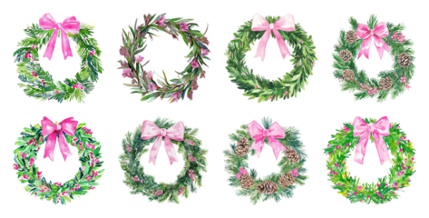 PNG Watercolor holiday wreaths collection, element set on transparent background